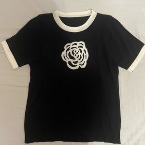 Black and White Women’s Sweater with Flower Design